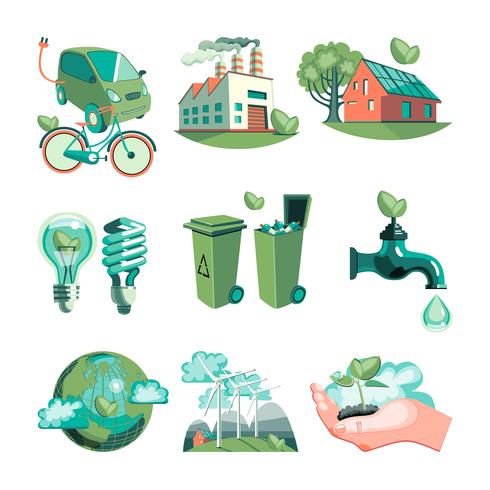 Conjunto de ícones decorativos de ecologia vetor
