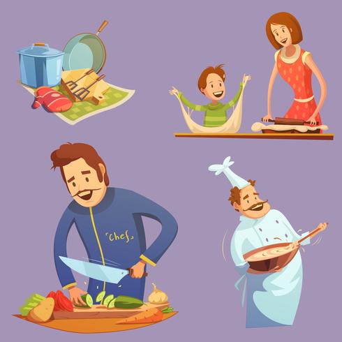 Cozinhar Retro Cartoon Icon Set vetor