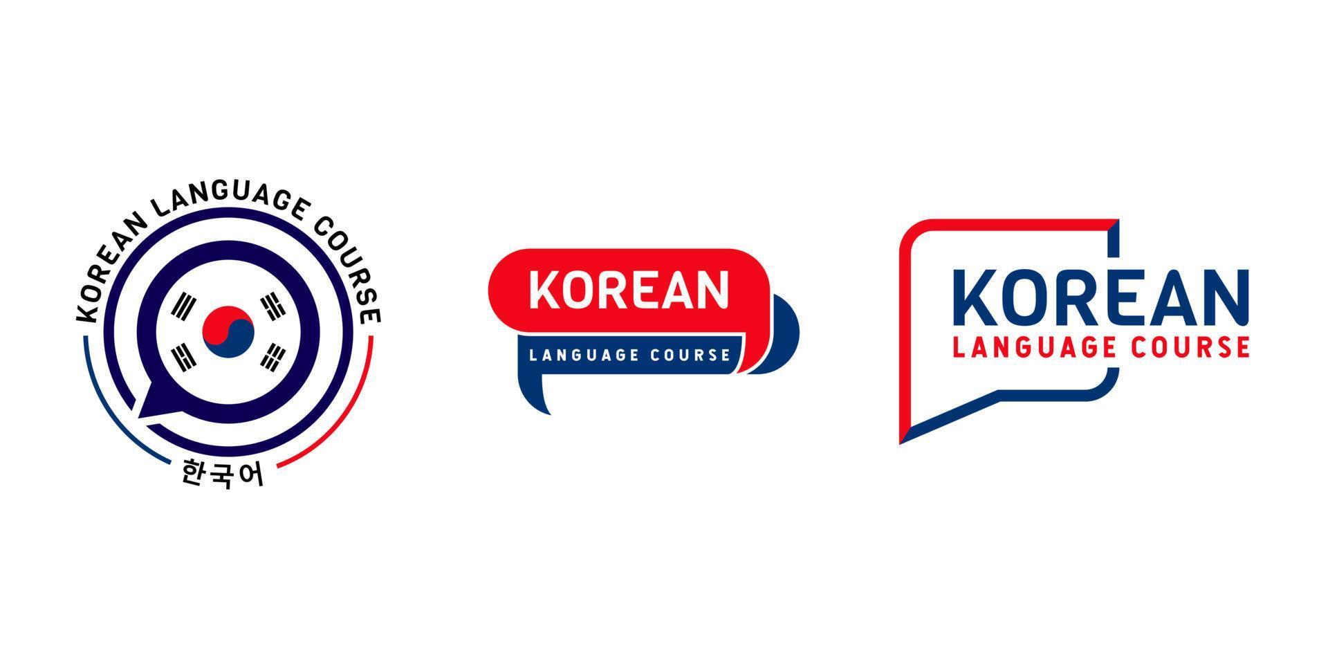 aprendizagem do logotipo do curso de língua coreana. programa de intercâmbio de idiomas, fórum, balão de fala e sinal de comunicação internacional. com bandeira da Coreia do Sul. ilustração vetorial premium e luxo vetor