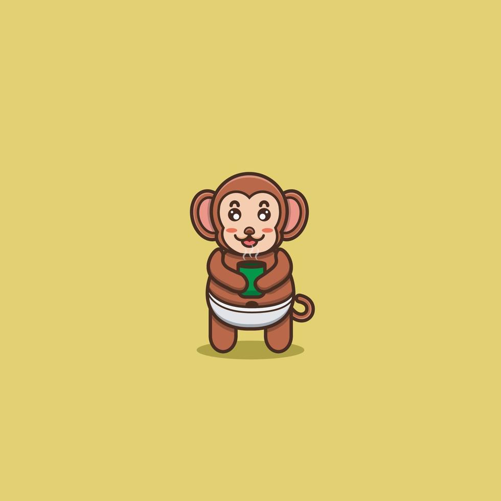 chá de macaco bebê fofo. personagem, mascote, logotipo, desenho animado, ícone e design bonito. vetor