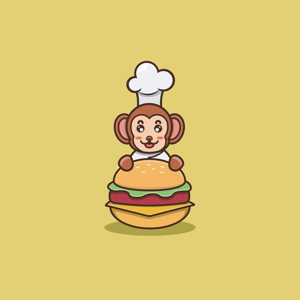 bebê fofo macaco chef no hambúrguer. personagem, mascote, logotipo, desenho animado, ícone e design bonito. vetor