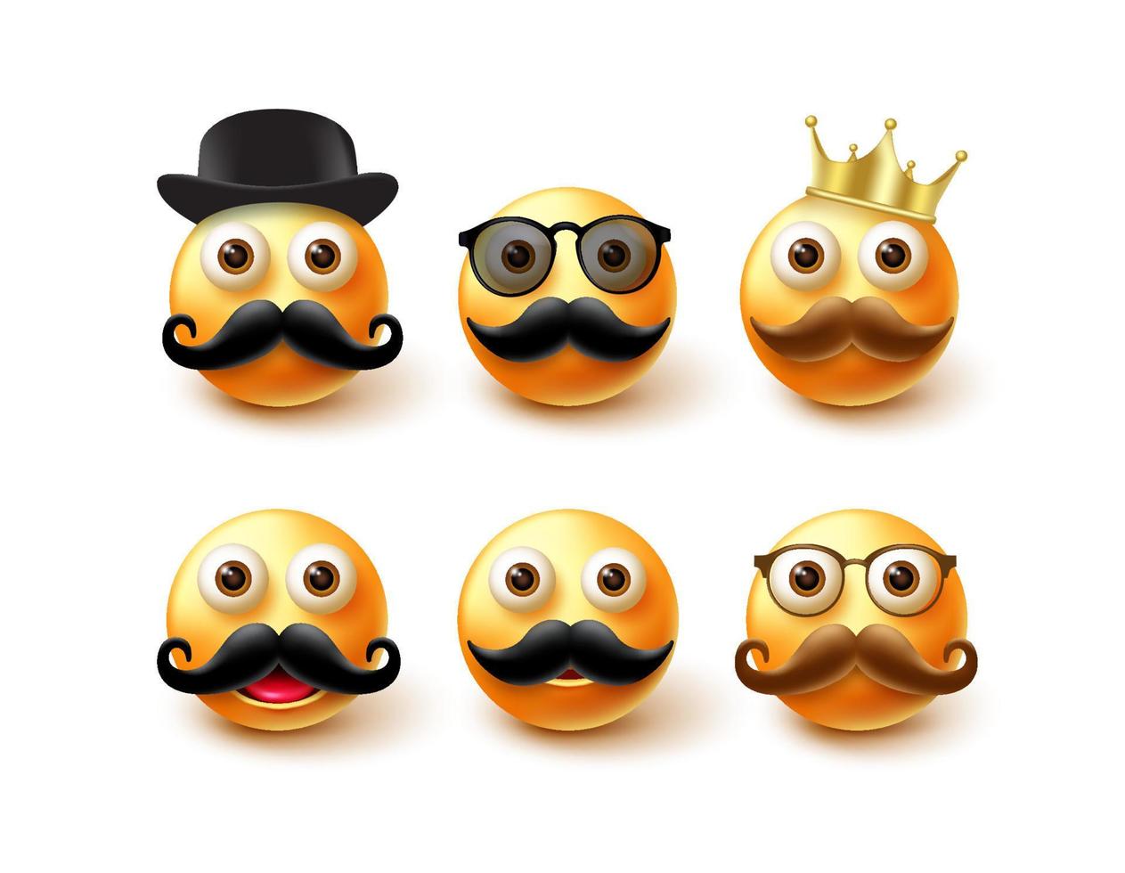 conjunto de vetores de personagem masculino emoticon. personagens emoji 3d usando elementos como bigode, coroa e chapéu para o design de coleção de personagens de emojis. ilustração vetorial