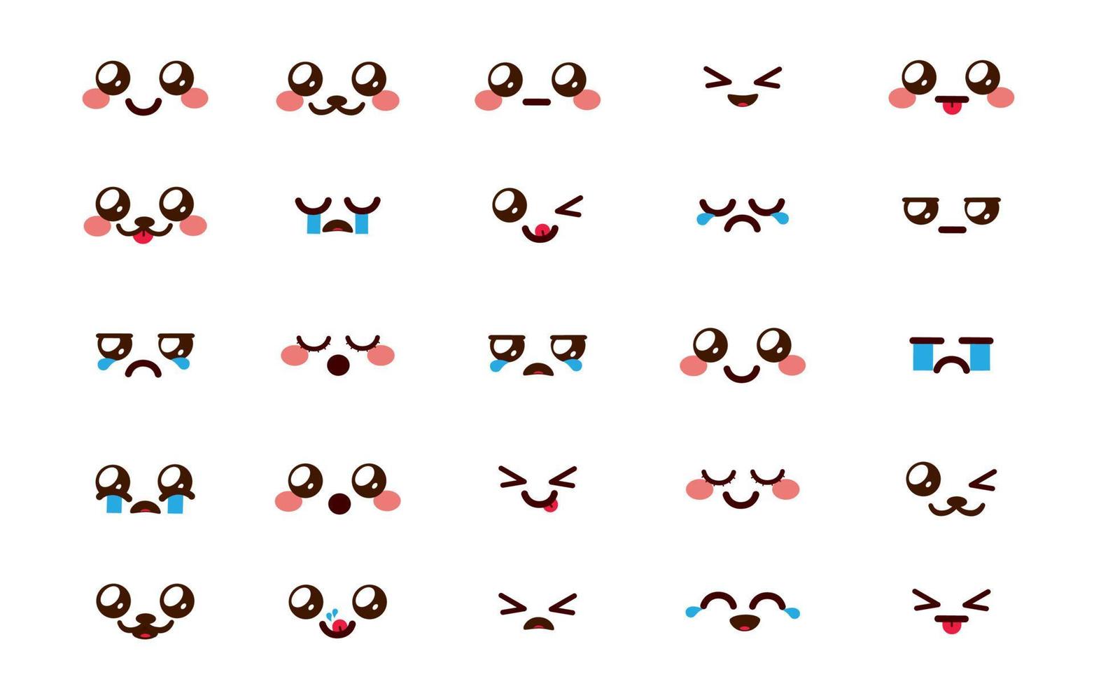 conjunto de vetores de chibi emoticon kawaii. emoji cartoon emoticons enfrentam em reações faciais e expressões isoladas no fundo branco para design de personagens bonitos cômicos doodle chibis. ilustração vetorial.