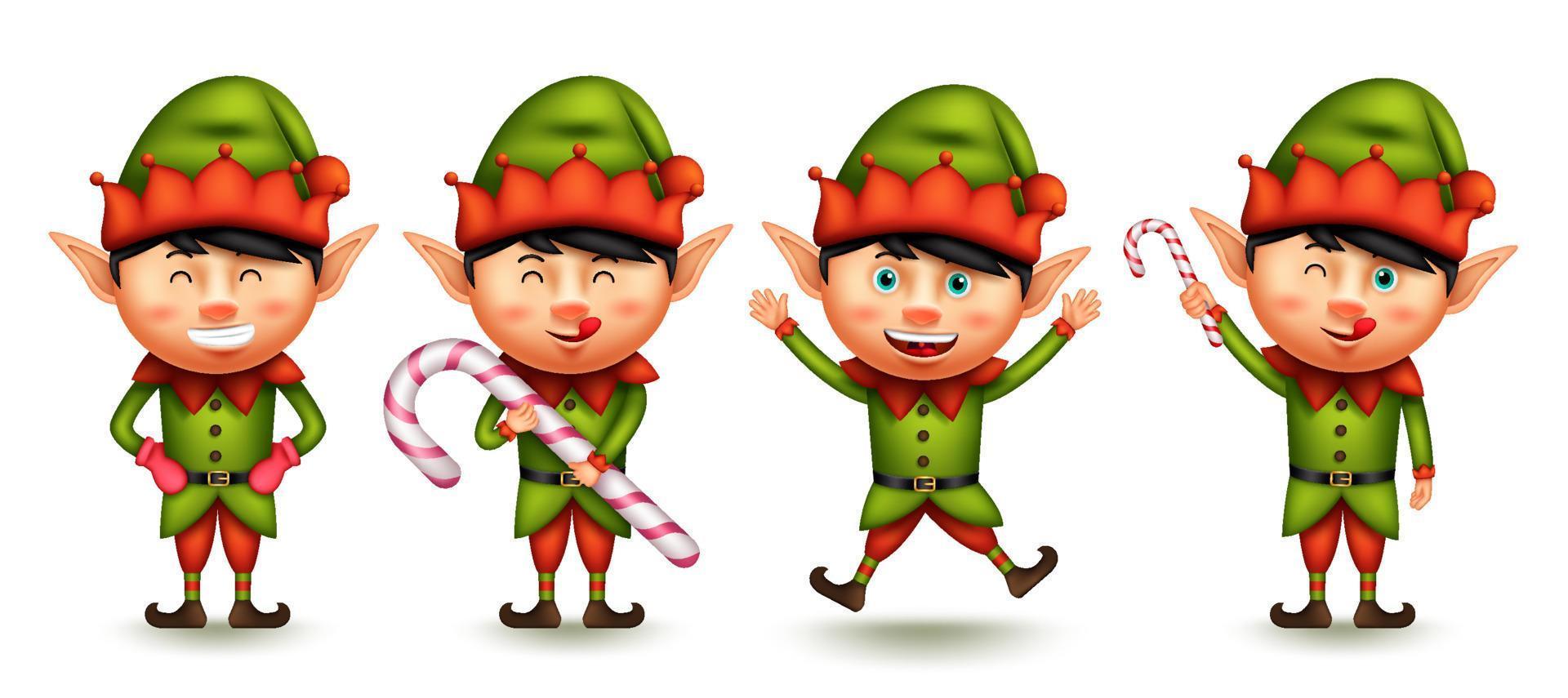 conjunto de vetores de personagens de Natal de elfo. garotinho personagens de duendes 3d com expressão sorridente em pular e segurar gestos de bastão de doces para coleção de design gráfico de Natal. ilustração vetorial.