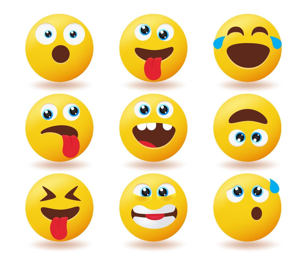 conjunto de vetores de reação de emoticons emoji. personagens de ícone de emoticons com coleção de smileys engraçados e estranhos, isolada no fundo branco para design de expressão facial de emojis. ilustração vetorial.