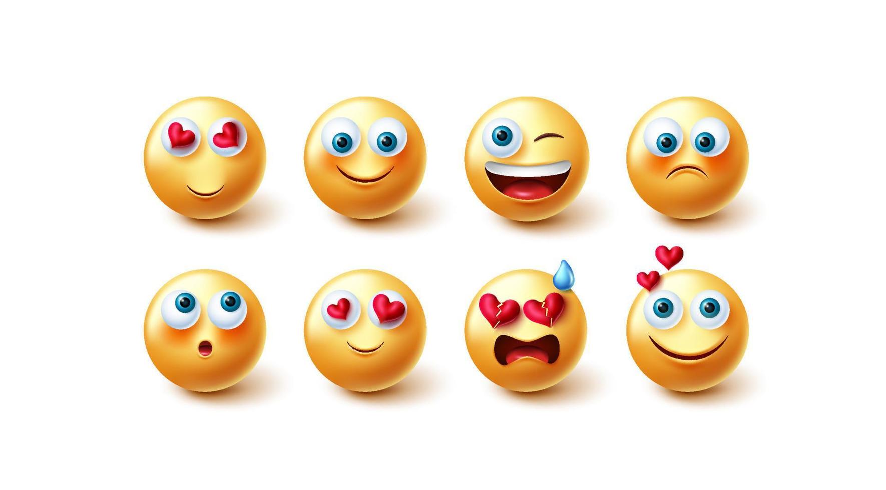 conjunto de vetores de caracteres emojis. emoji 3d em reações faciais felizes e inlove e expressão isolada no fundo branco para design de elementos gráficos de emoticon amarelo. ilustração vetorial.