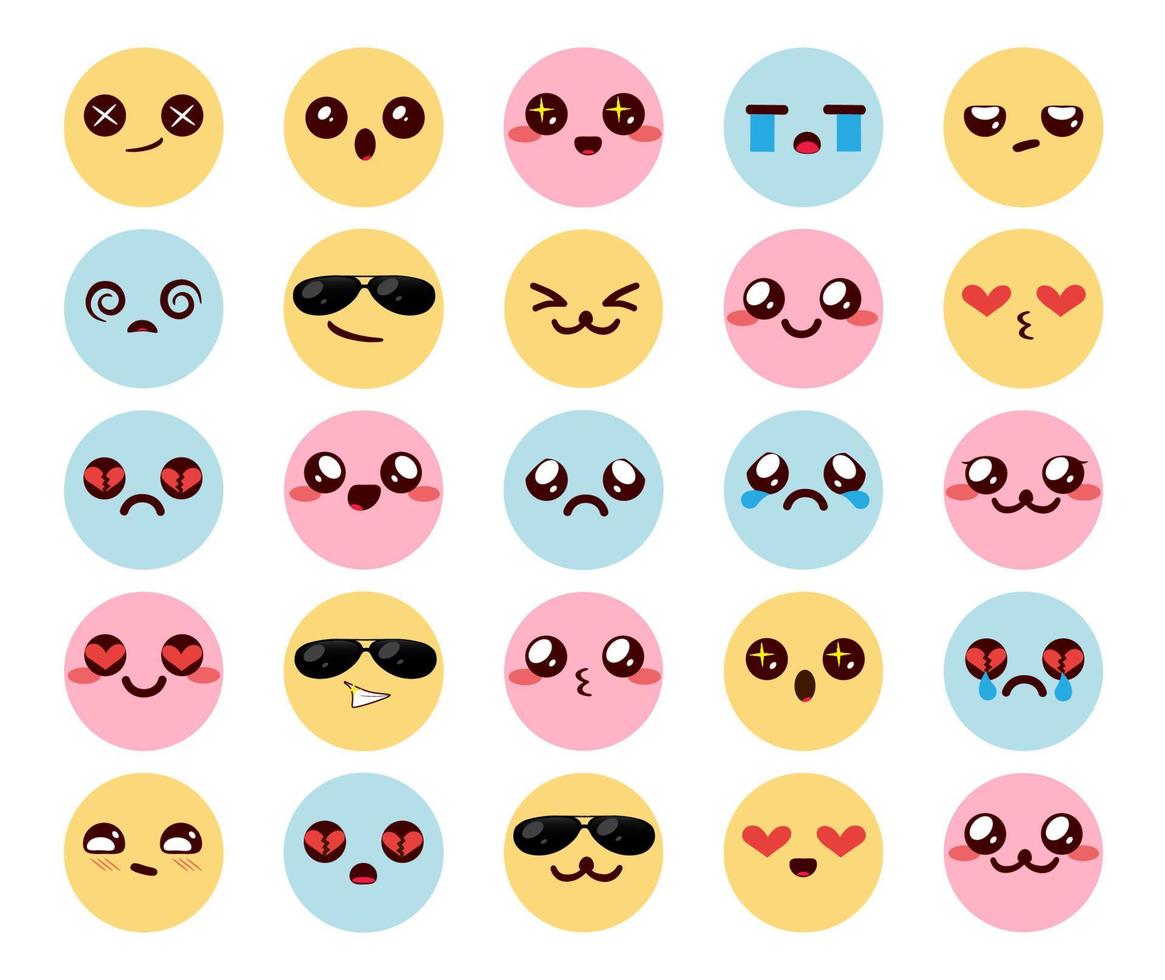 conjunto de vetores de emoticons coloridos kawaii. emoji chibi emoticons fofinhos personagens com expressões de rostos felizes, sorridentes, amigáveis e tristes para o design da coleção de emojis kawaii. ilustração vetorial.
