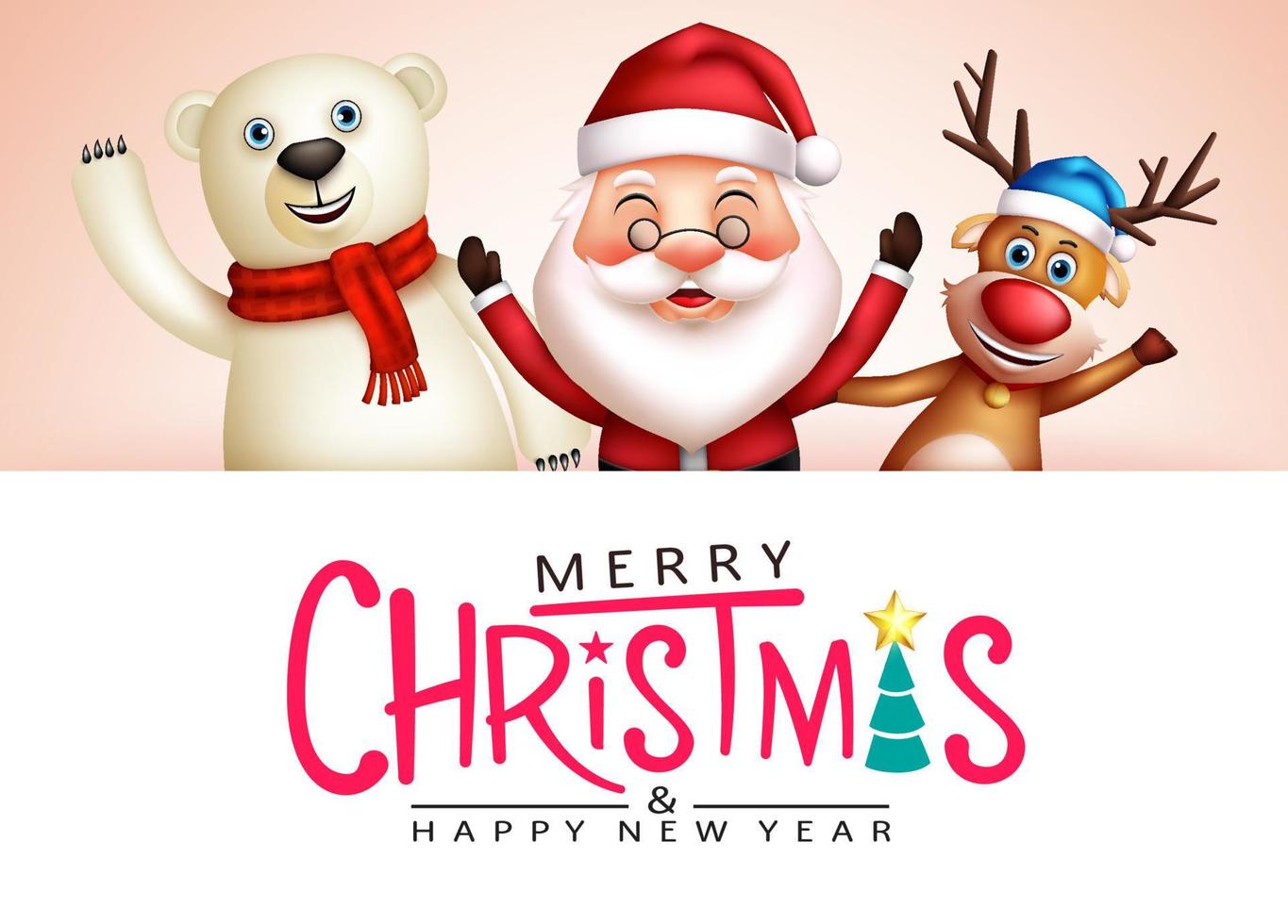 modelo de design de vetor de Natal. texto de feliz Natal com personagens de Natal alegre de Papai Noel, renas e urso polar para cartão de felicitações de temporada de férias. ilustração vetorial