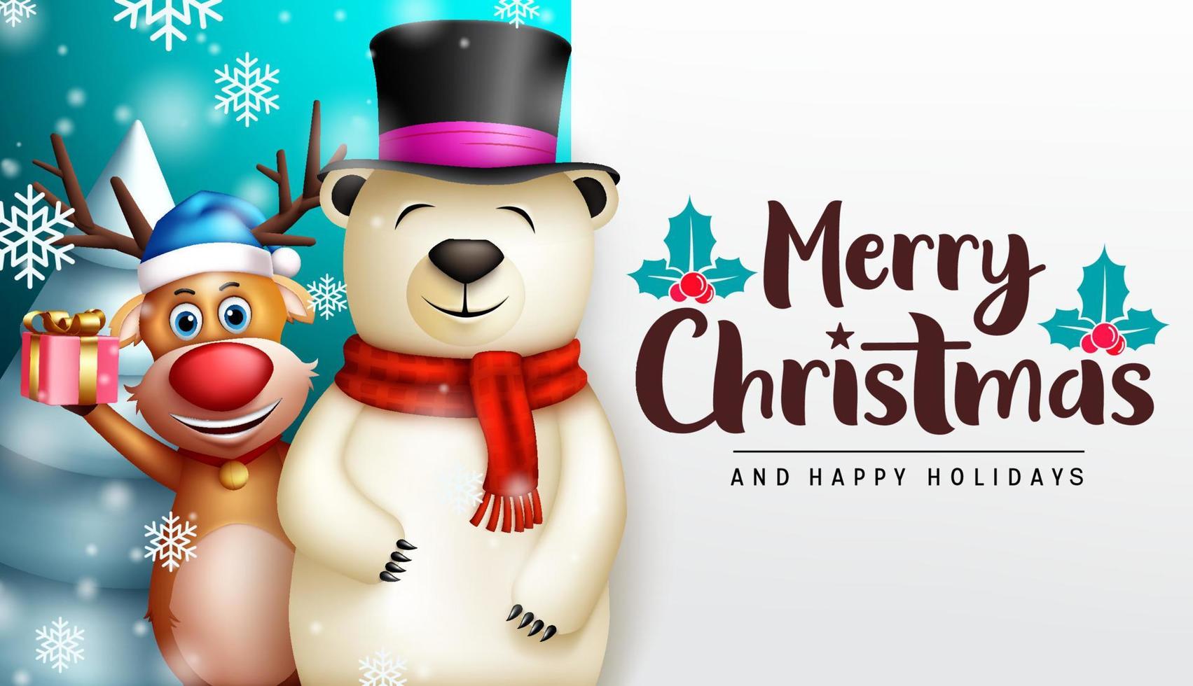design de modelo de vetor de feliz Natal. texto de feliz Natal no espaço em branco com personagens de Natal de renas e urso polar para cartão de felicitações de férias. ilustração vetorial.