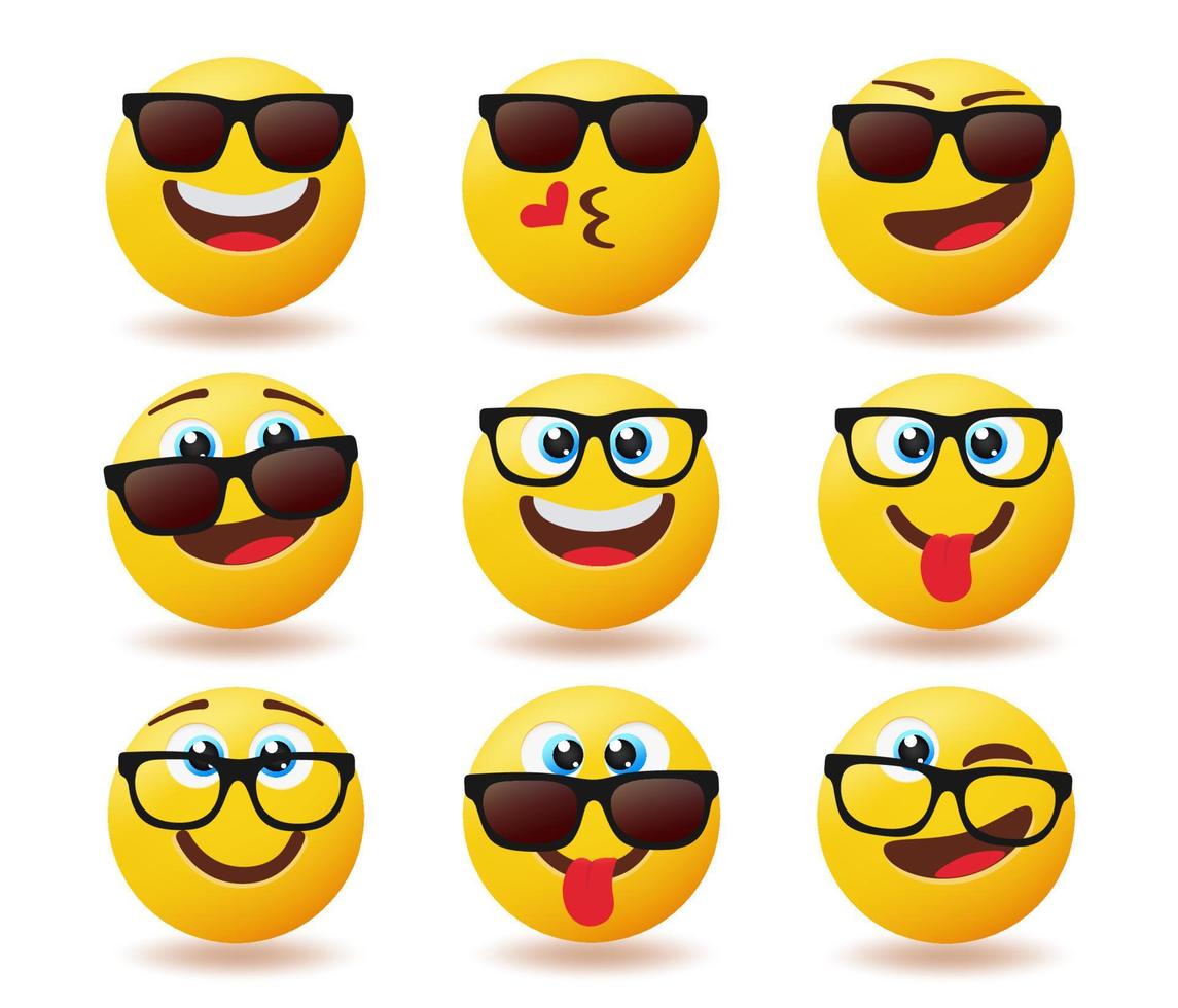 conjunto de vetores de emoticon de óculos de sol emoji. Emojis smiley em tons legais com expressões faciais felizes, engraçadas e fofas para emoticons amigáveis rostos de design de coleção de personagens. ilustração vetorial.