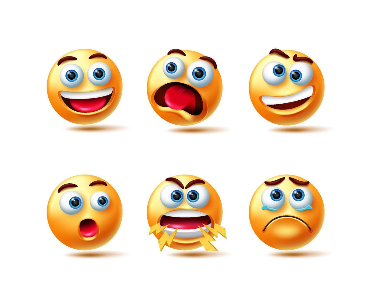 conjunto de caracteres do vetor emoticon. avatar emoji 3d com expressão facial feliz, chocado, gritando e com lágrimas nos olhos para a coleção de design de personagens emojis. ilustração vetorial