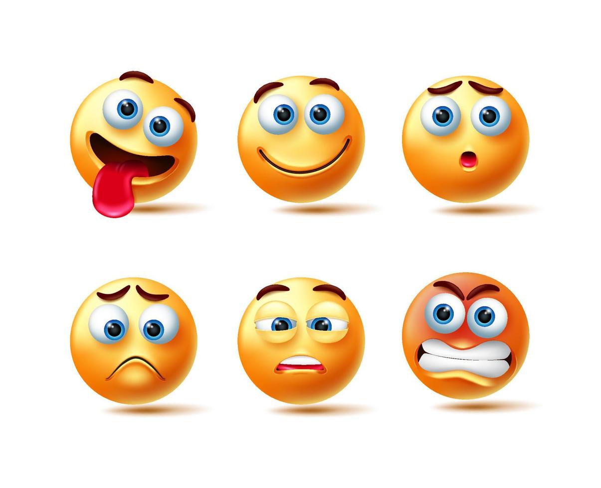 conjunto de caracteres do vetor emoticon. emoji Emoticons 3d isolados no fundo branco com rosto como emoção feliz, triste, com raiva e sonolenta para design de coleção de expressões faciais. ilustração vetorial