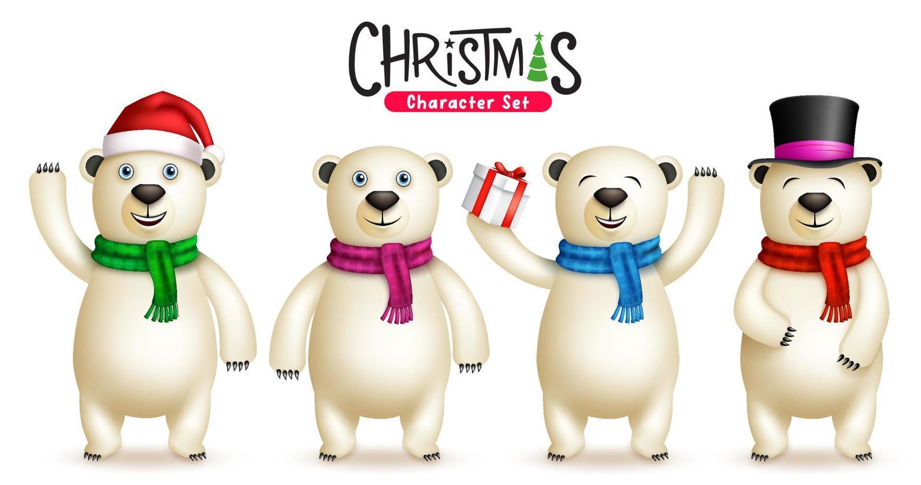 Conjunto de vetores de personagens de Natal de urso polar. 3D carrega o personagem em pose de pé, acenando e segurando um gesto de presente para o projeto de coleção de celebração de Natal. ilustração vetorial