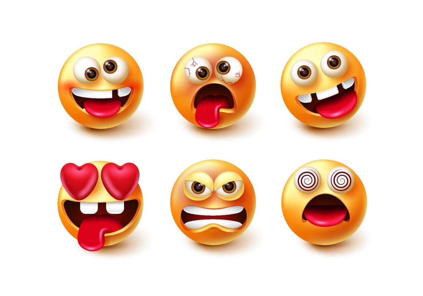 conjunto de vetores de caracteres emoticon. Personagens emoji 3d com expressões e emoções como apaixonada, louca, engraçada e irritada por design de coleção de emoticons fofos. ilustração vetorial