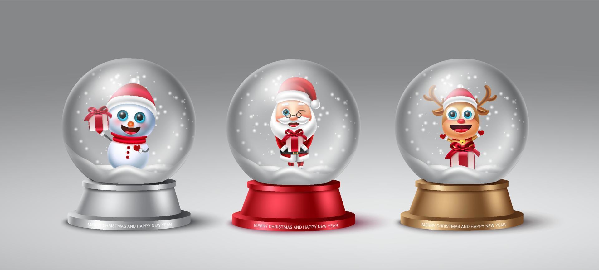 conjunto de vetores de globo de neve de Natal. personagens de natal como boneco de neve, papai noel, renas e duendes no elemento bola de cristal para o projeto de decoração do feriado de natal. ilustração vetorial.