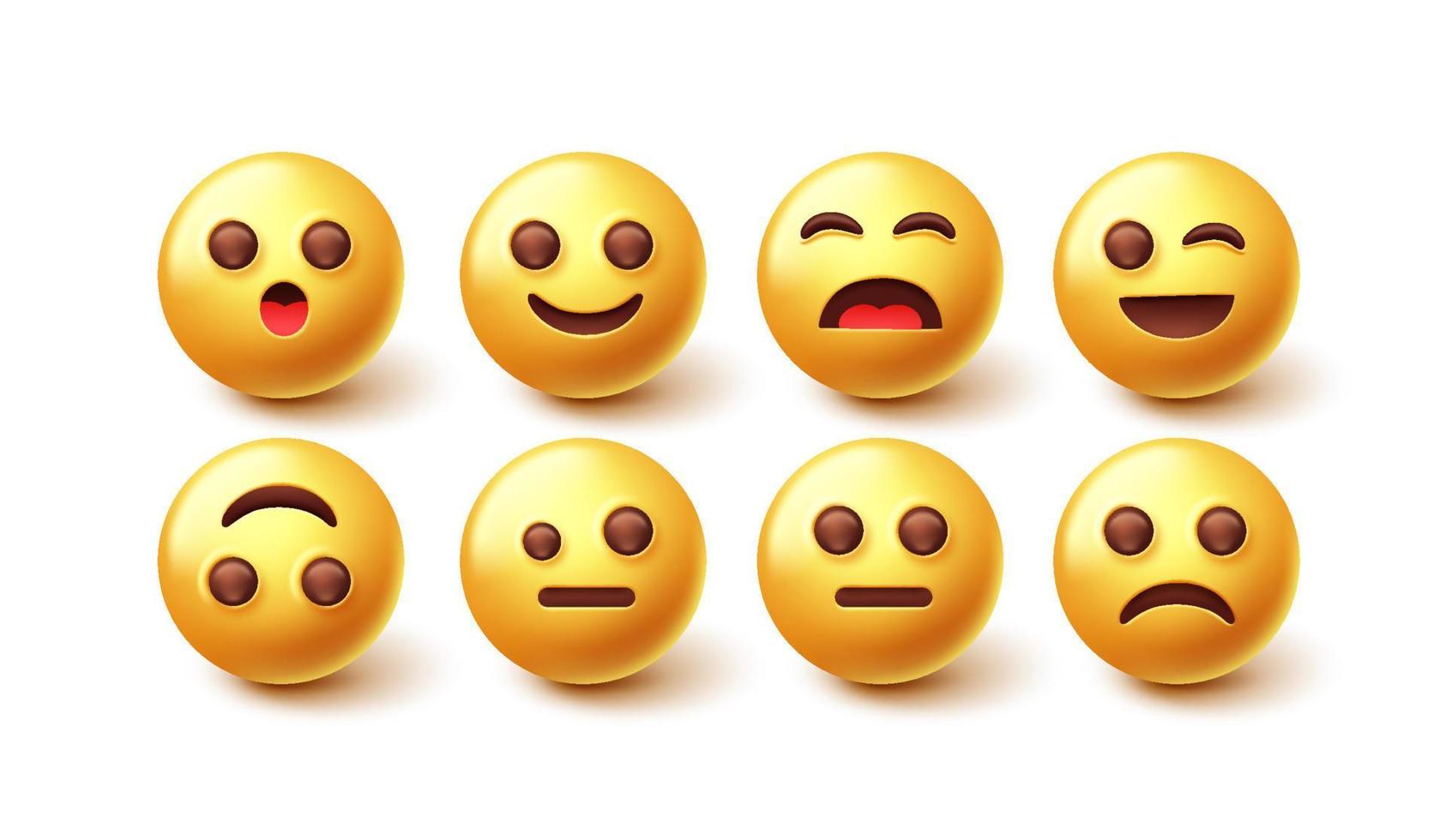 conjunto de vetores de caracteres emojis. emoji 3d com expressão de emoção facial sorridente, chateada e triste para humor de rosto amarelo e coleção gráfica de reação. ilustração vetorial.