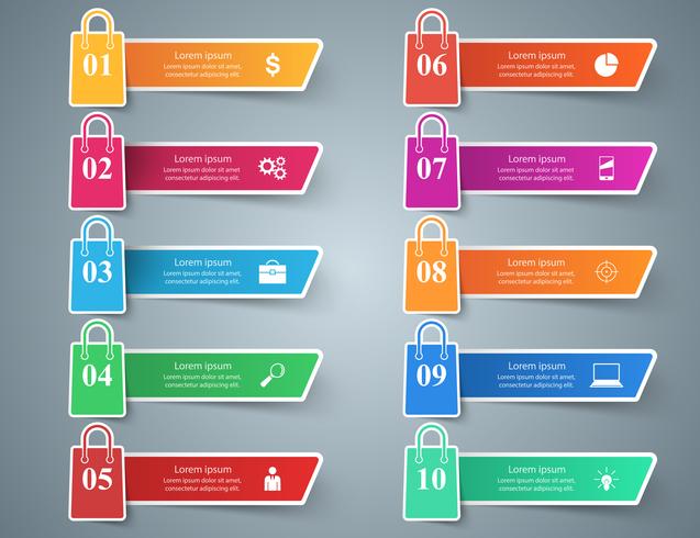 Negócios, loja, carrinho - dez infográfico de papel. vetor