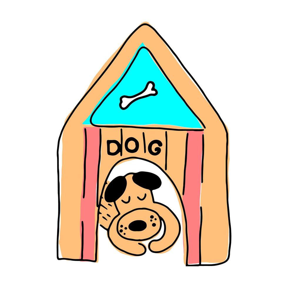 bonito engraçado mão desenhada colorido cartoon caracter cão dormindo na cabine. conceito de cuidados do animal de estimação da casa. desenhado à mão. vetor