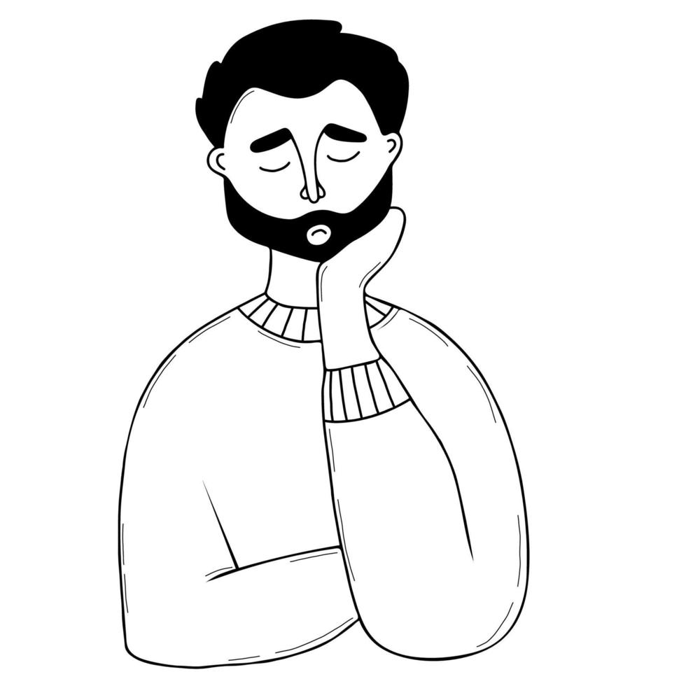 homem pensativo. triste ou pensativo homem com barba. ilustração vetorial. psicologia e conceito de dúvida. mão isolada desenhando doodle vetor