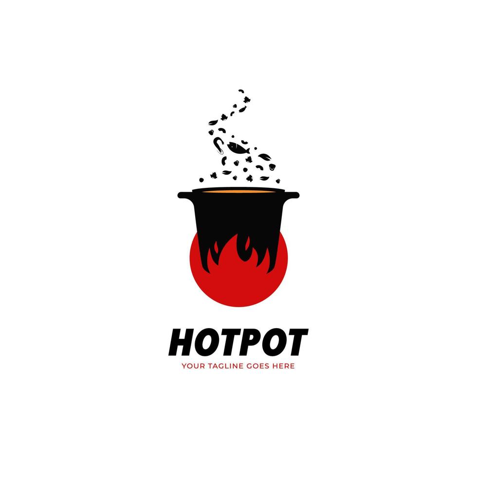 Modelo de ícone de logotipo de hot pot kitchen and catering restaurante soul food com grande chama de fogo e frutos do mar vetor