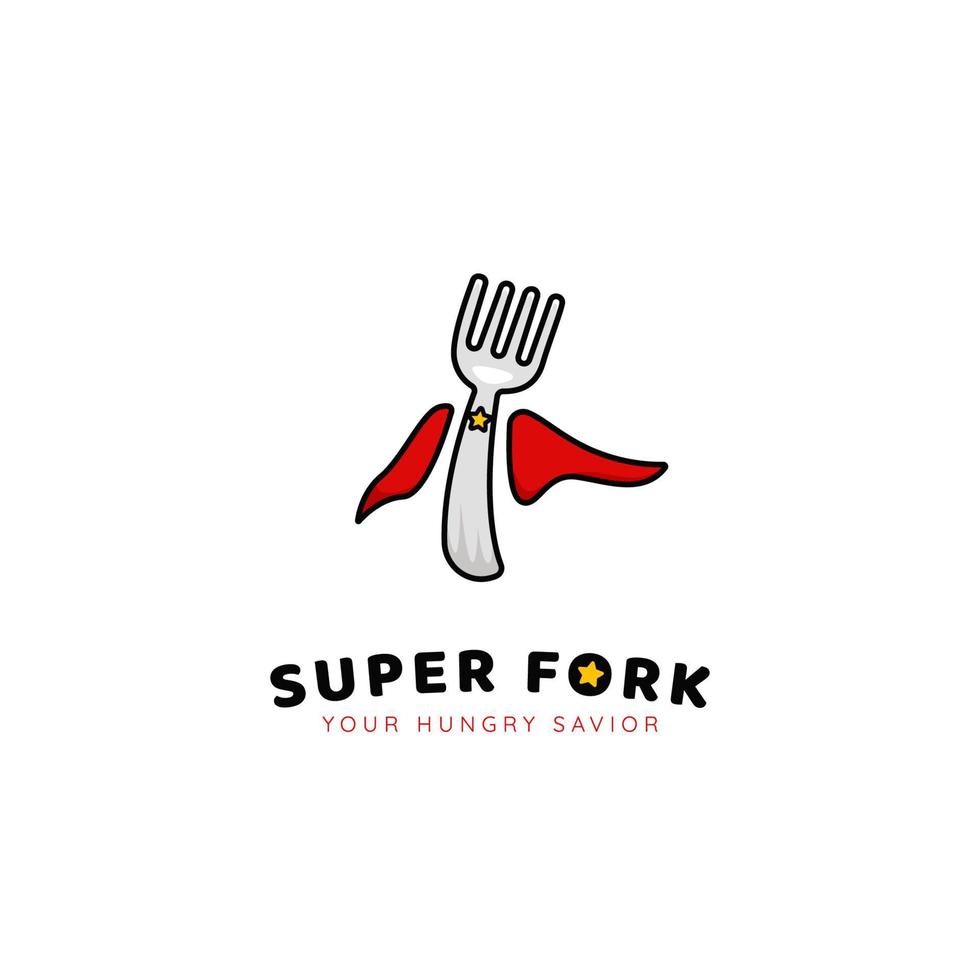 Ícone do logotipo do super-herói super-garfo comidas e bebidas para empresas de restaurantes e serviços de catering vetor