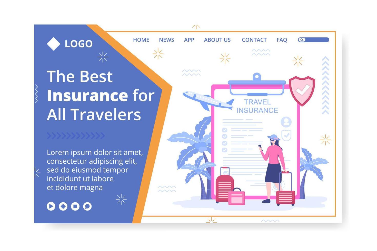 ilustração de design plano modelo de página de destino de seguro de viagem editável de fundo quadrado adequado para mídia social, cartão comemorativo e anúncios de internet na web vetor