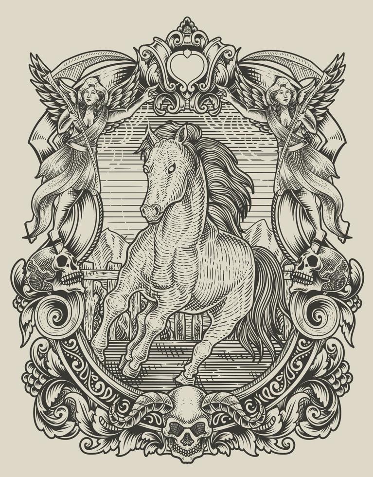 ilustração de cavalo vintage com estilo de gravura vetor