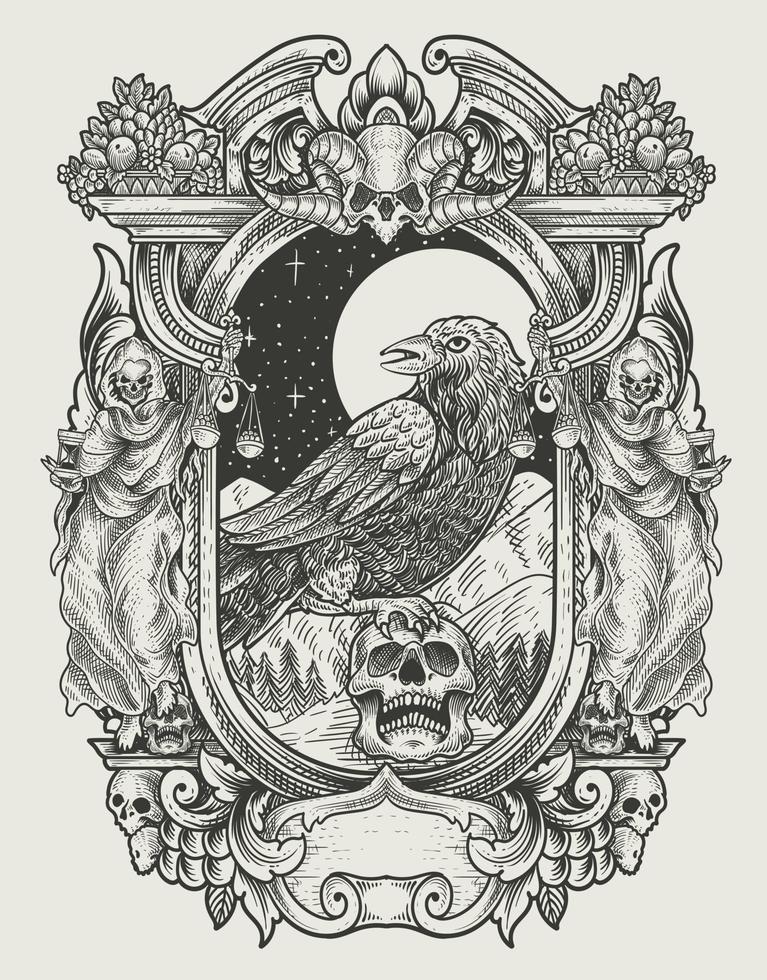 ilustração vintage assustador corvo com estilo de gravura vetor