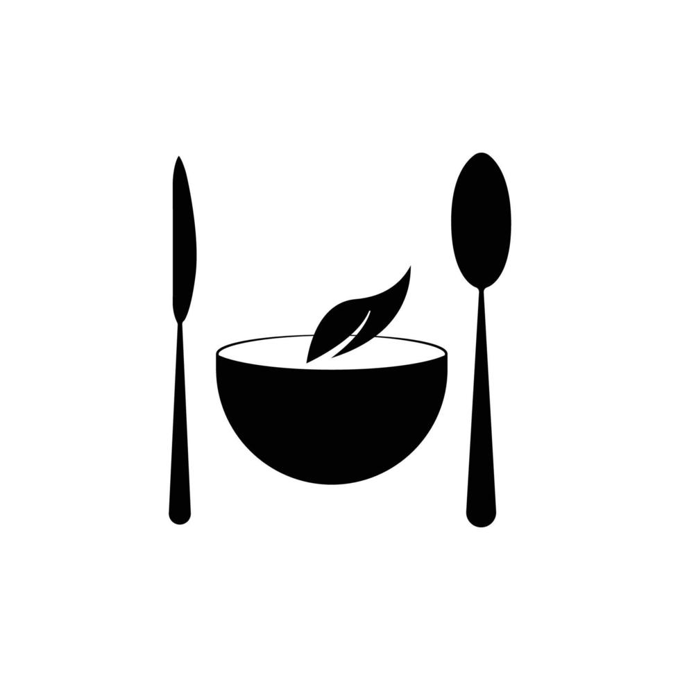 ícone do restaurante vegetariano. colher, faca, ícone de folha em cima da tigela. vetor de modelo de design