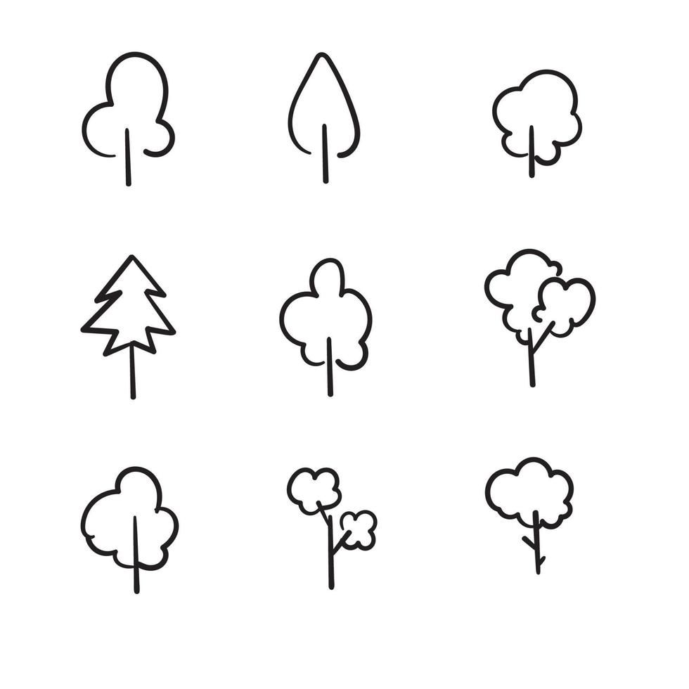 coleta de árvores. ícones de plantas, floresta. ilustrações de árvores. com vetor de estilo doodle desenhado à mão isolado