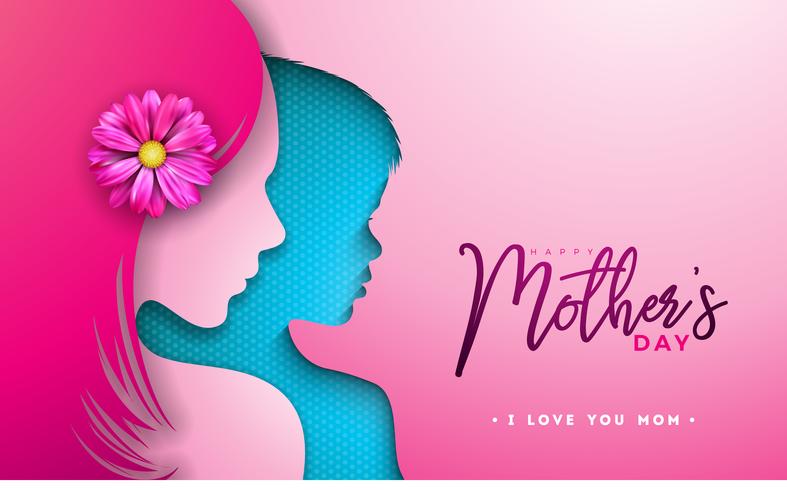 Feliz dia das mães cartão design com silhueta de rosto de mulher e criança vetor