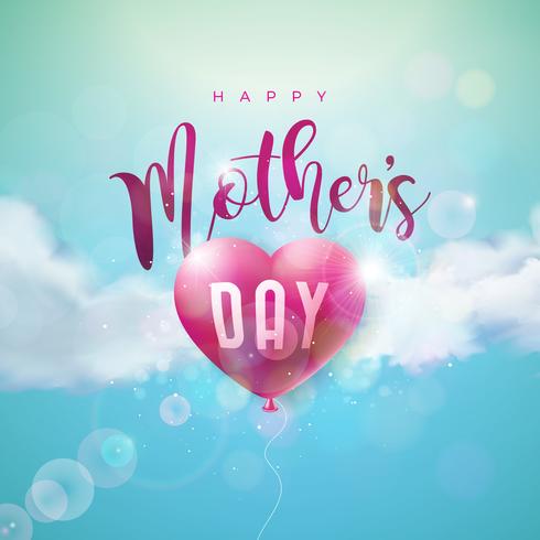 Feliz dia das mães cartão design com coração de balão de ar e carta de tipografia vetor
