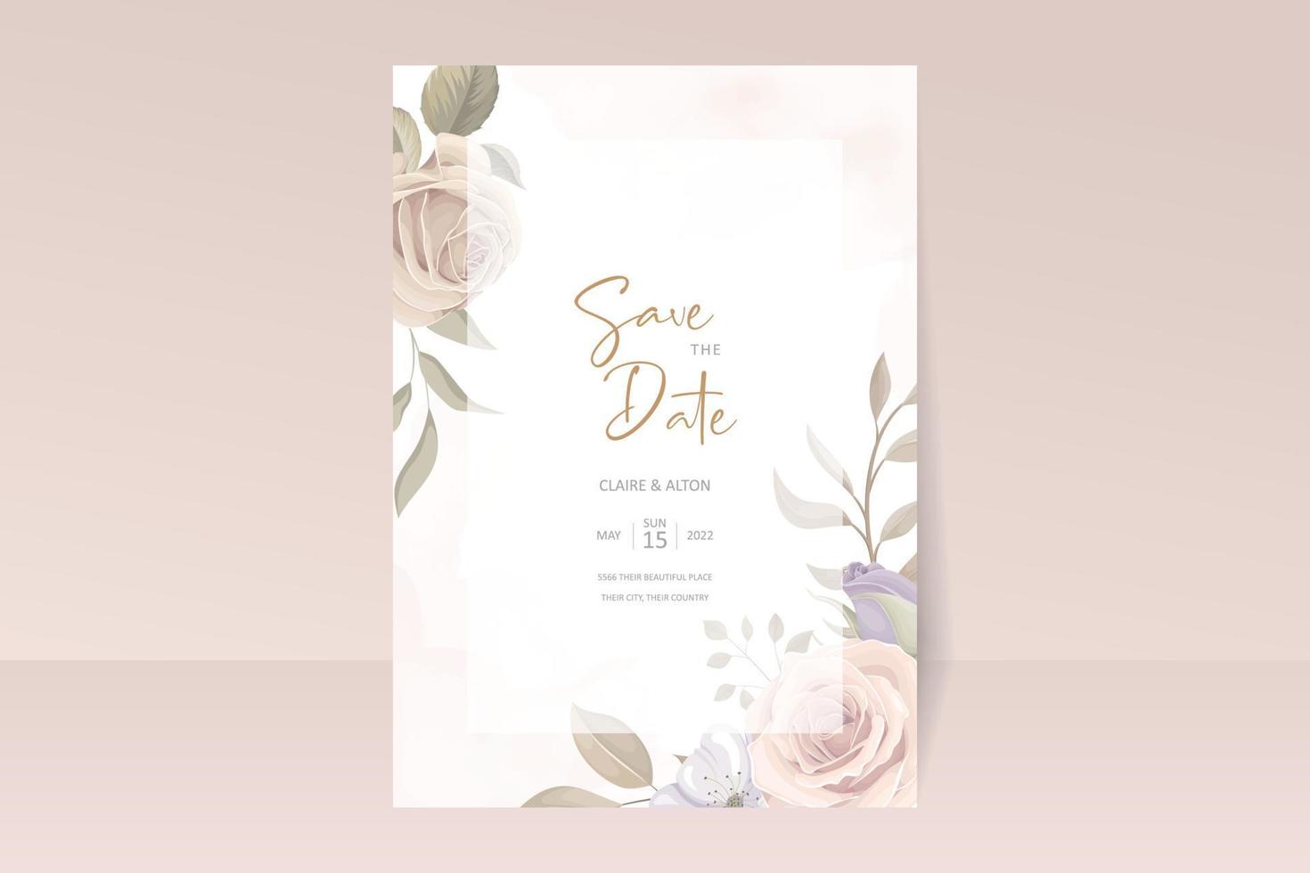 Conjunto de cartão de convite de casamento de lindas rosas desenhadas à mão vetor