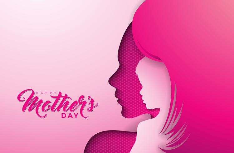 Feliz dia das mães cartão design com silhueta de rosto de mulher e criança vetor