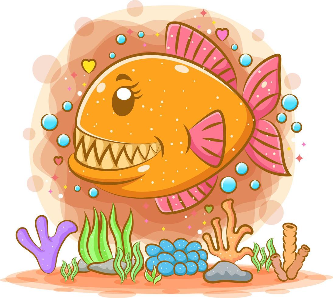 linda piranha laranja nadando fundo no mar vetor