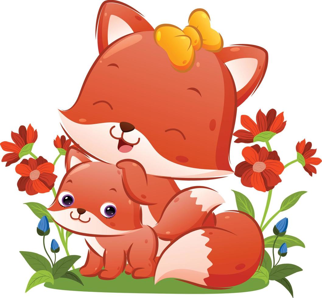 a grande raposa com a linda fita está posando com seu bebê raposa no jardim vetor