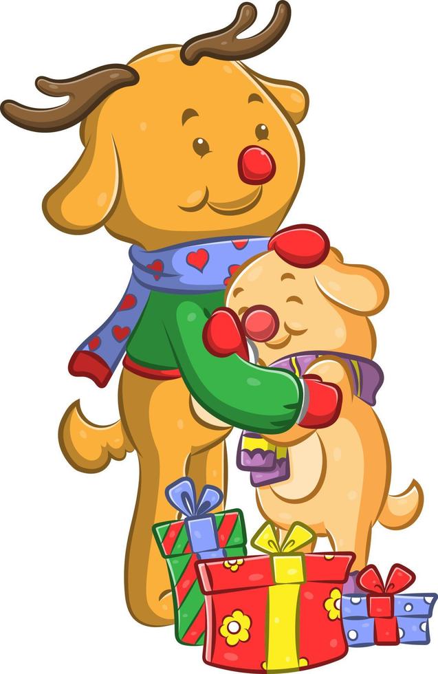 a querida boneca abraçando o cachorro amarelo ao lado dos presentes de natal vetor