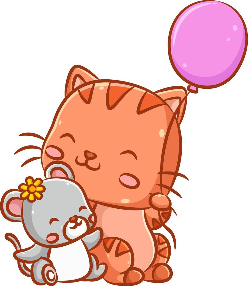 o ratinho com a presilha de flor do sol amarelo com o gato grande que está segurando o balão rosa vetor