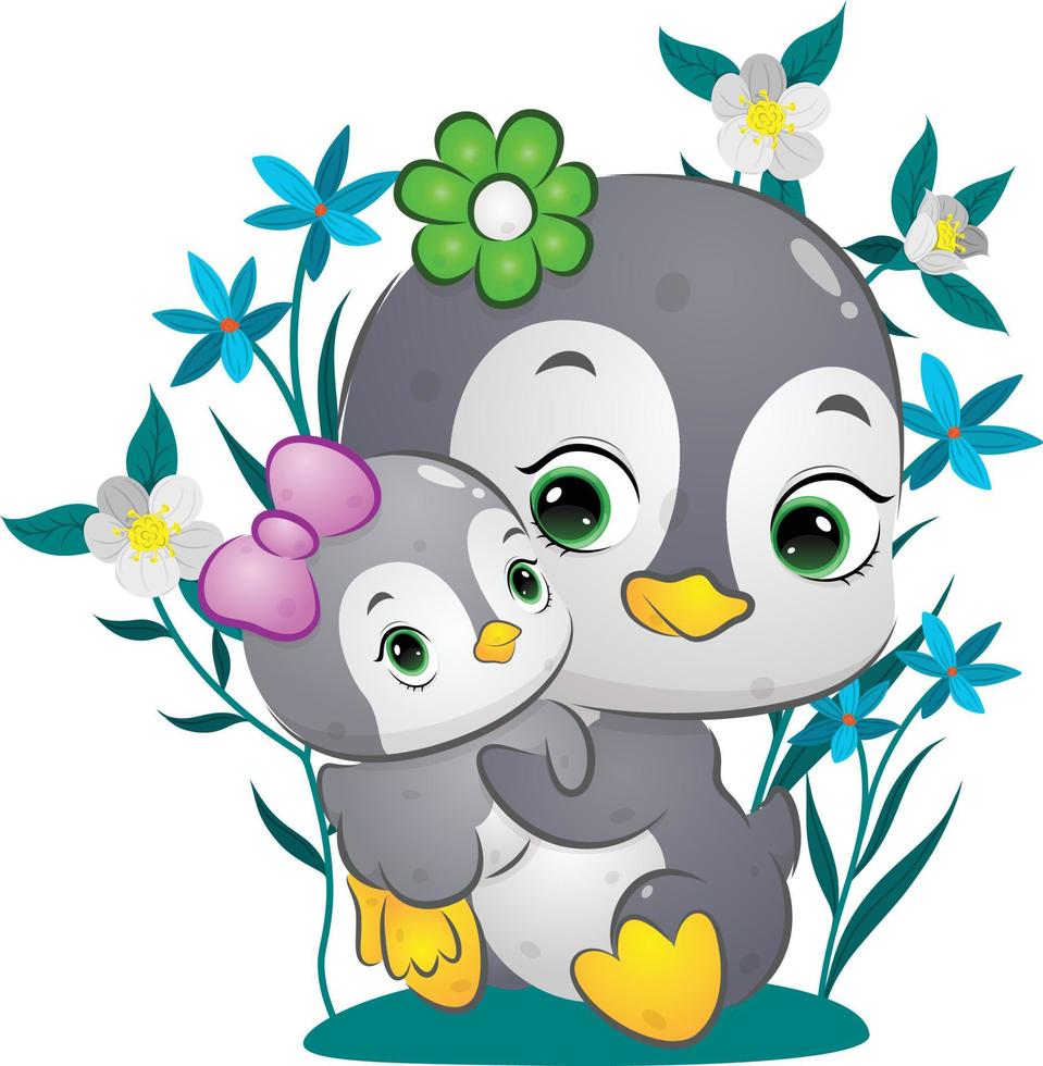 o pinguim fofo e feliz está levantando o bebê com o fundo de flores vetor
