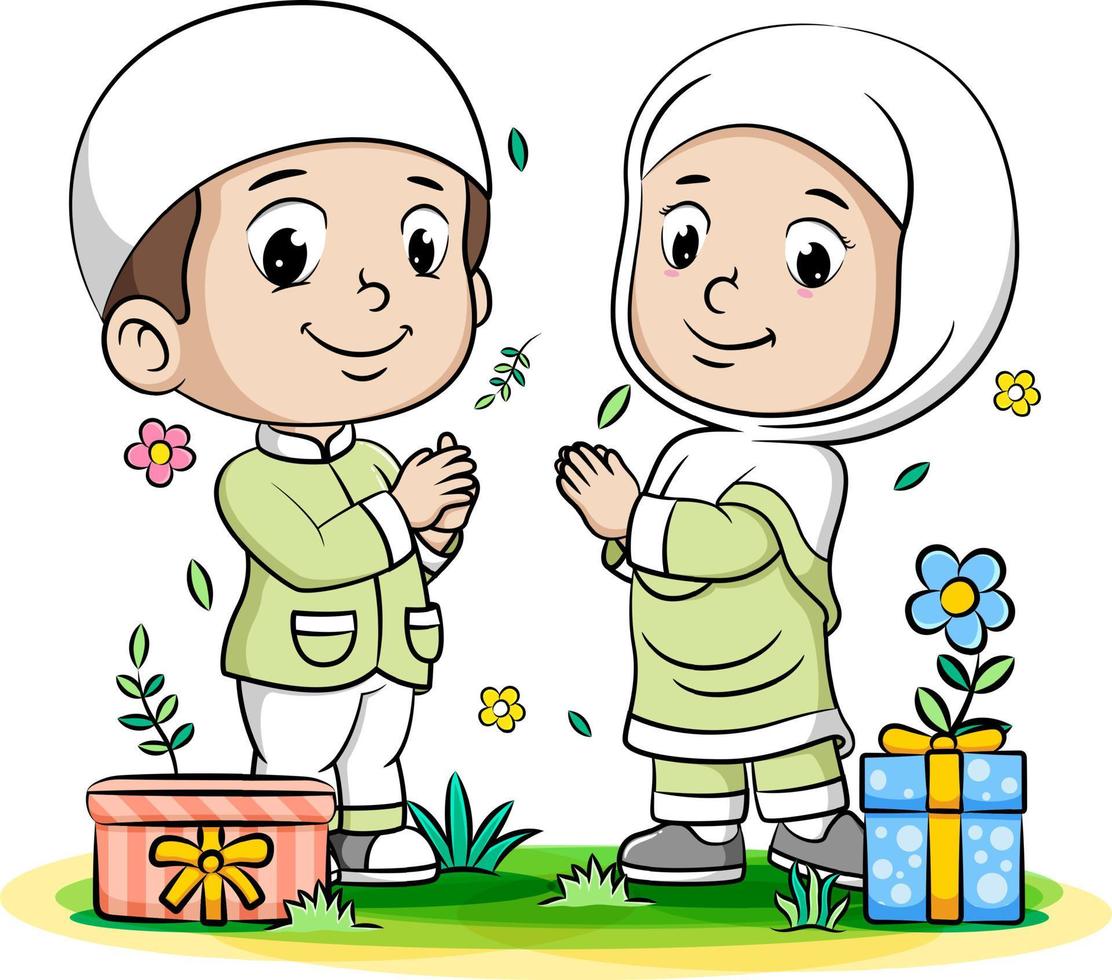 um menino e uma menina muçulmanos dando presentes vetor