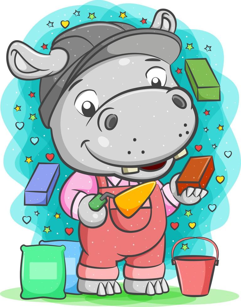 o hipopótamo construtor segura tijolo com colher de cimento vetor