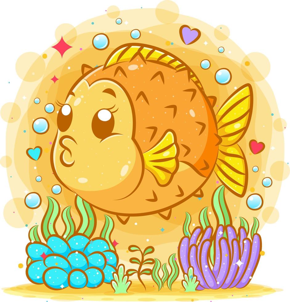 ouriço peixe amarelo fofo com seu grande corpo no fundo do mar vetor
