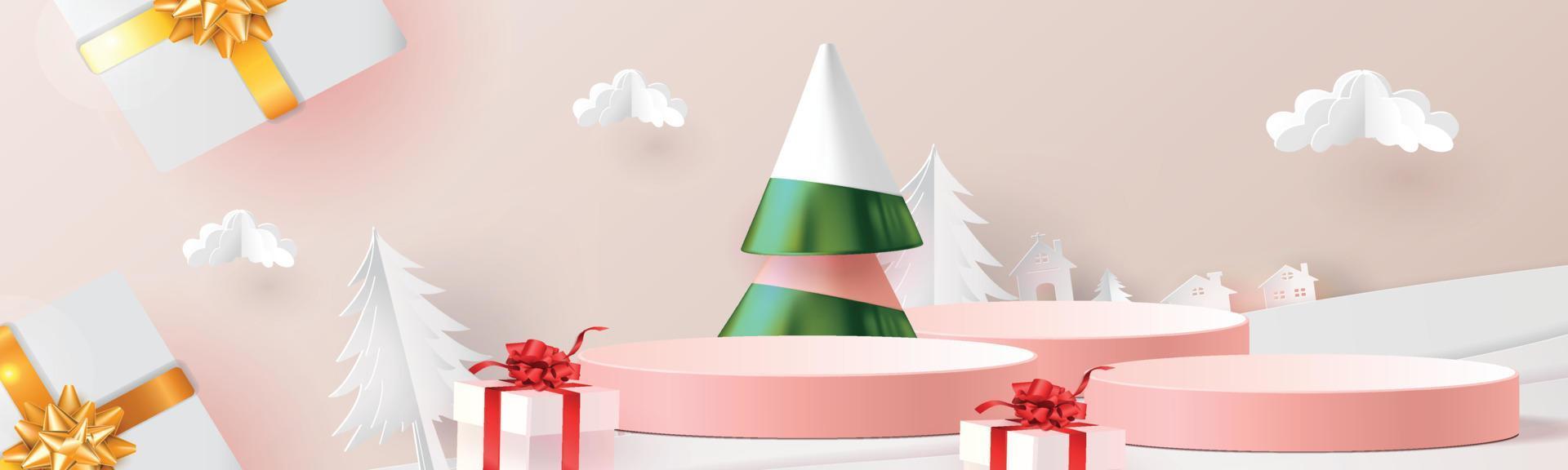 feliz Ano Novo. design minimalista abstrato, compras geométricas, caixa de presente, palco realista, fundo vermelho de férias podium.winter. cabeçalho de site ou exibição de banner vetor