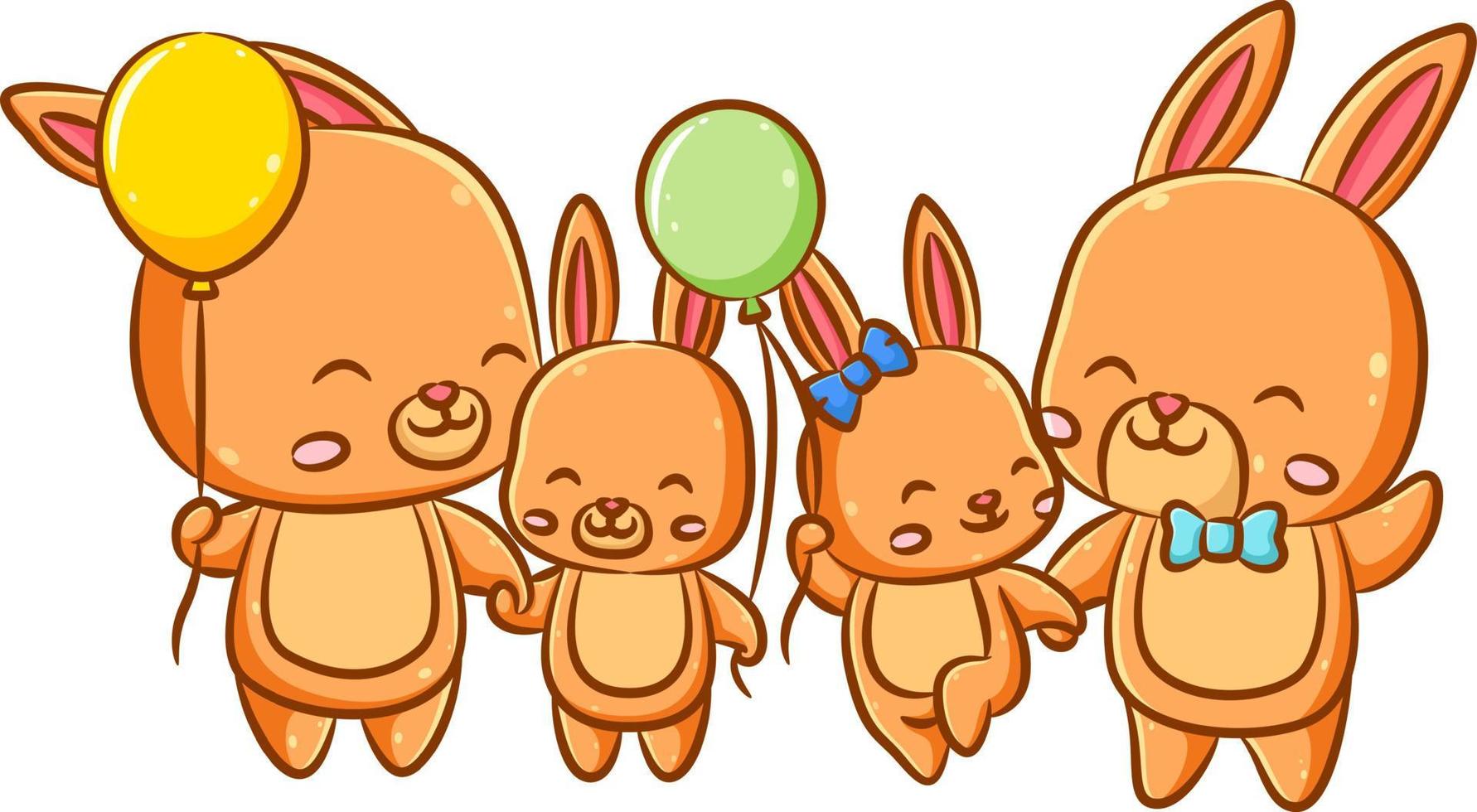 a família feliz dos coelhos laranja e seus pais está segurando os balões em suas mãos vetor