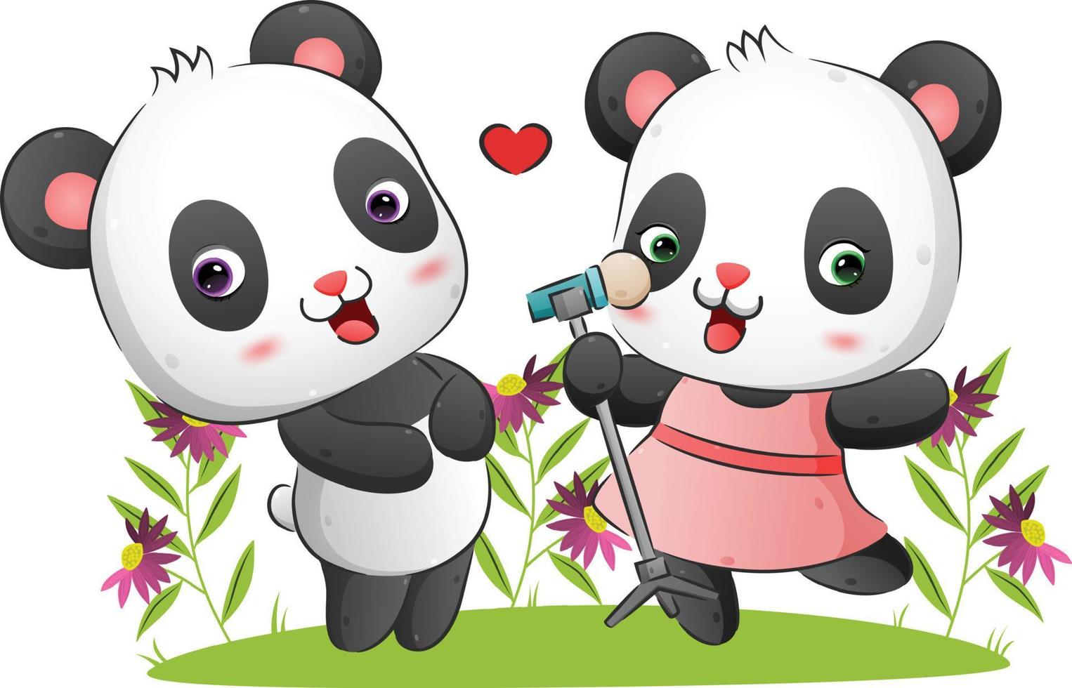 o feliz casal de panda está cantando e dançando juntos no jardim vetor