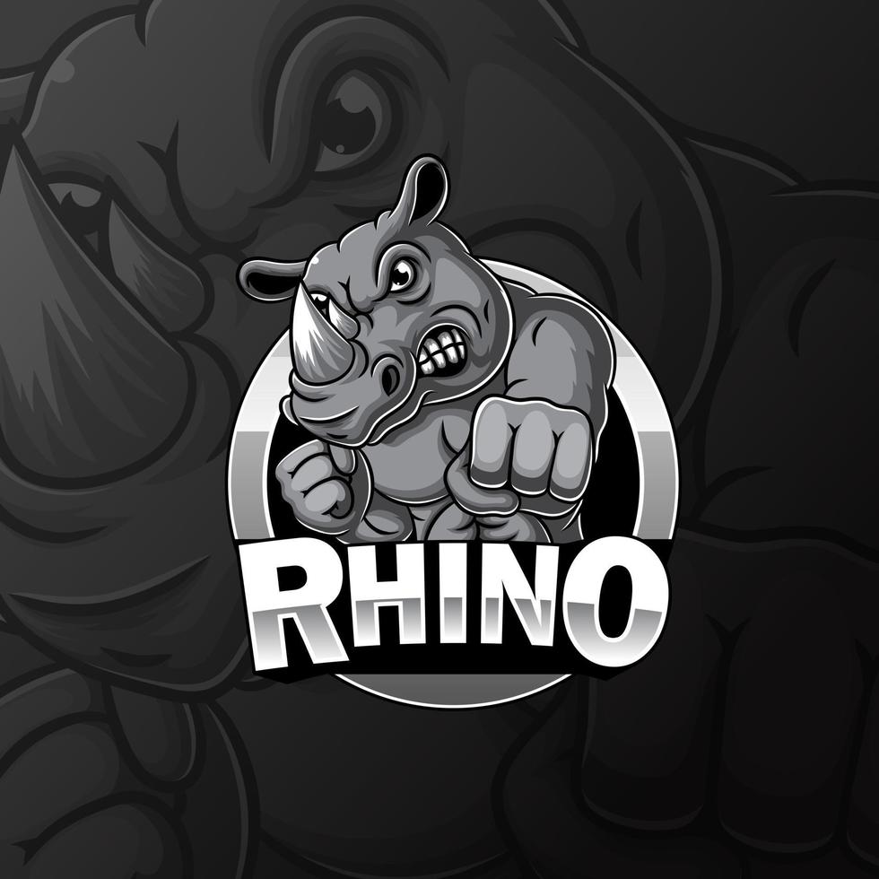zangado, mascote rinoceronte forte e design de logotipo de esporte vetor