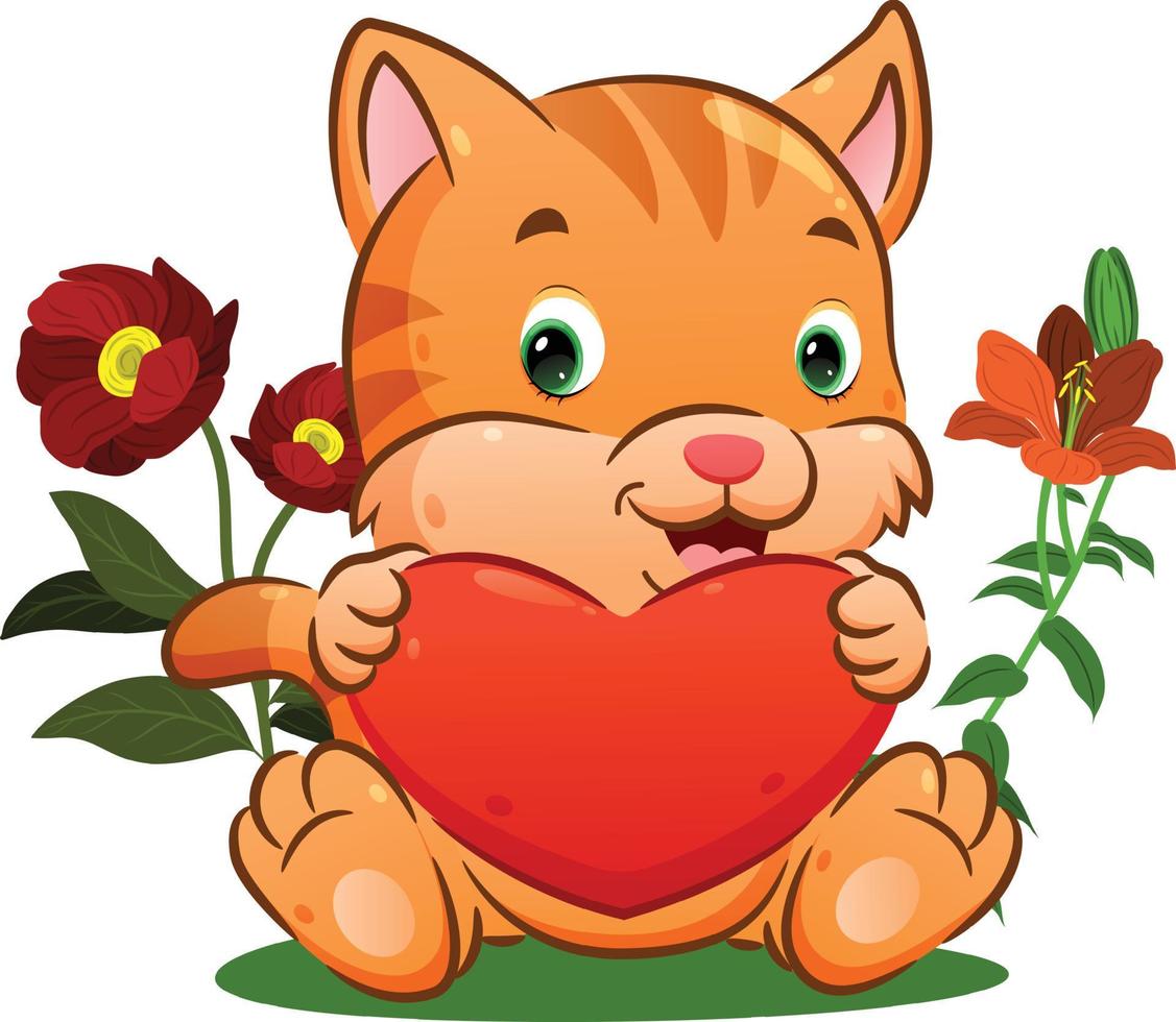 o gatinho fofo está segurando um grande coração nas mãos no parque de flores vetor