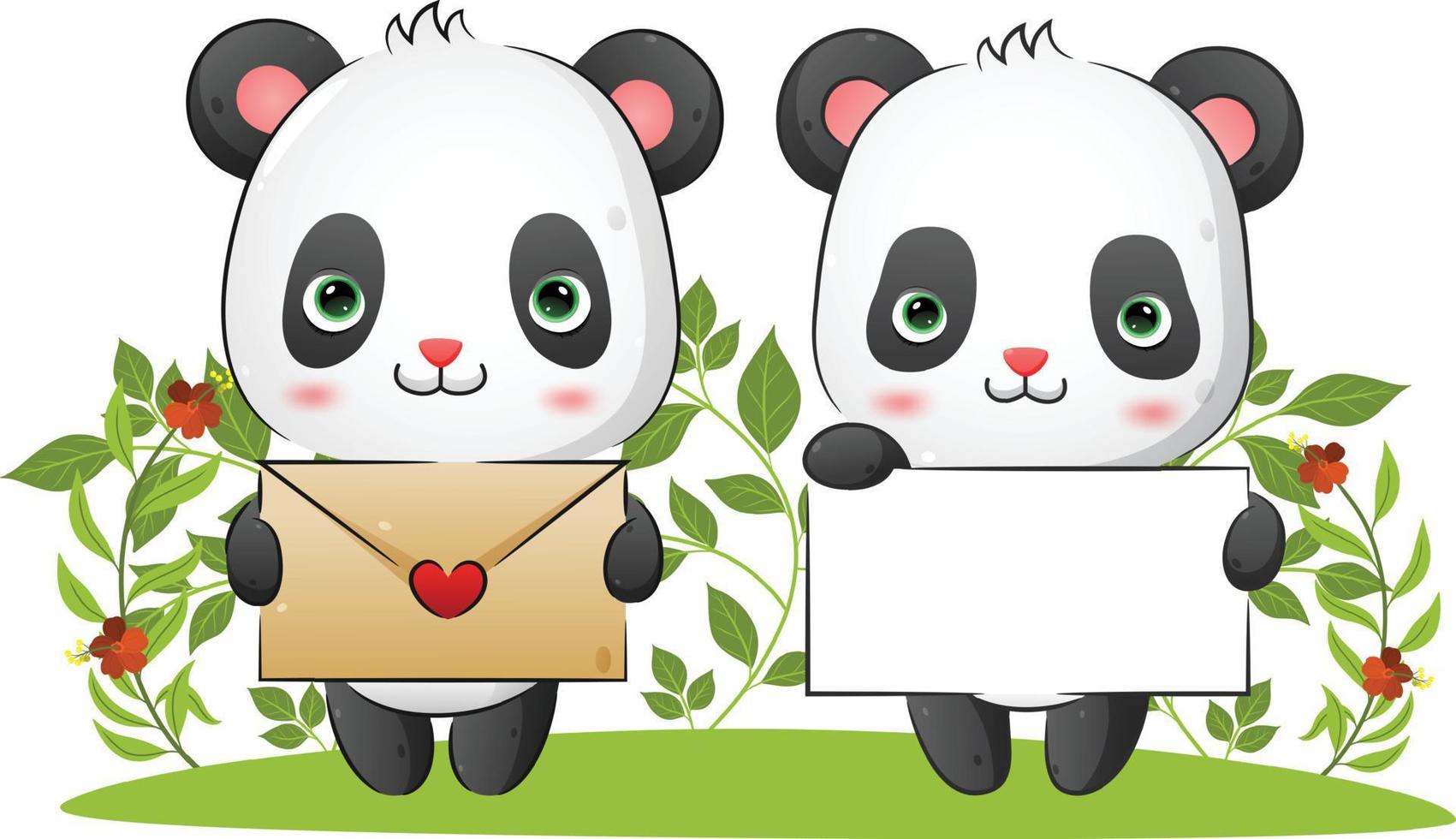 o casal de panda doce está segurando uma carta de amor e um papel em branco para o dia dos namorados vetor