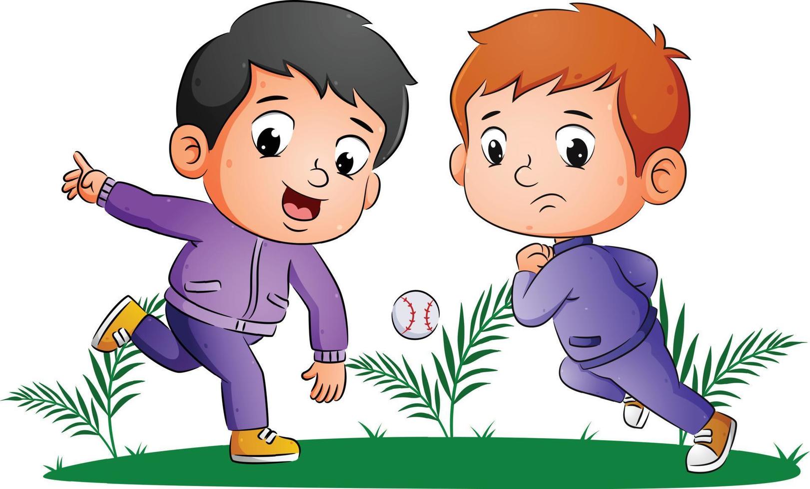 os dois meninos estão jogando beisebol e tentando pegar a bola vetor