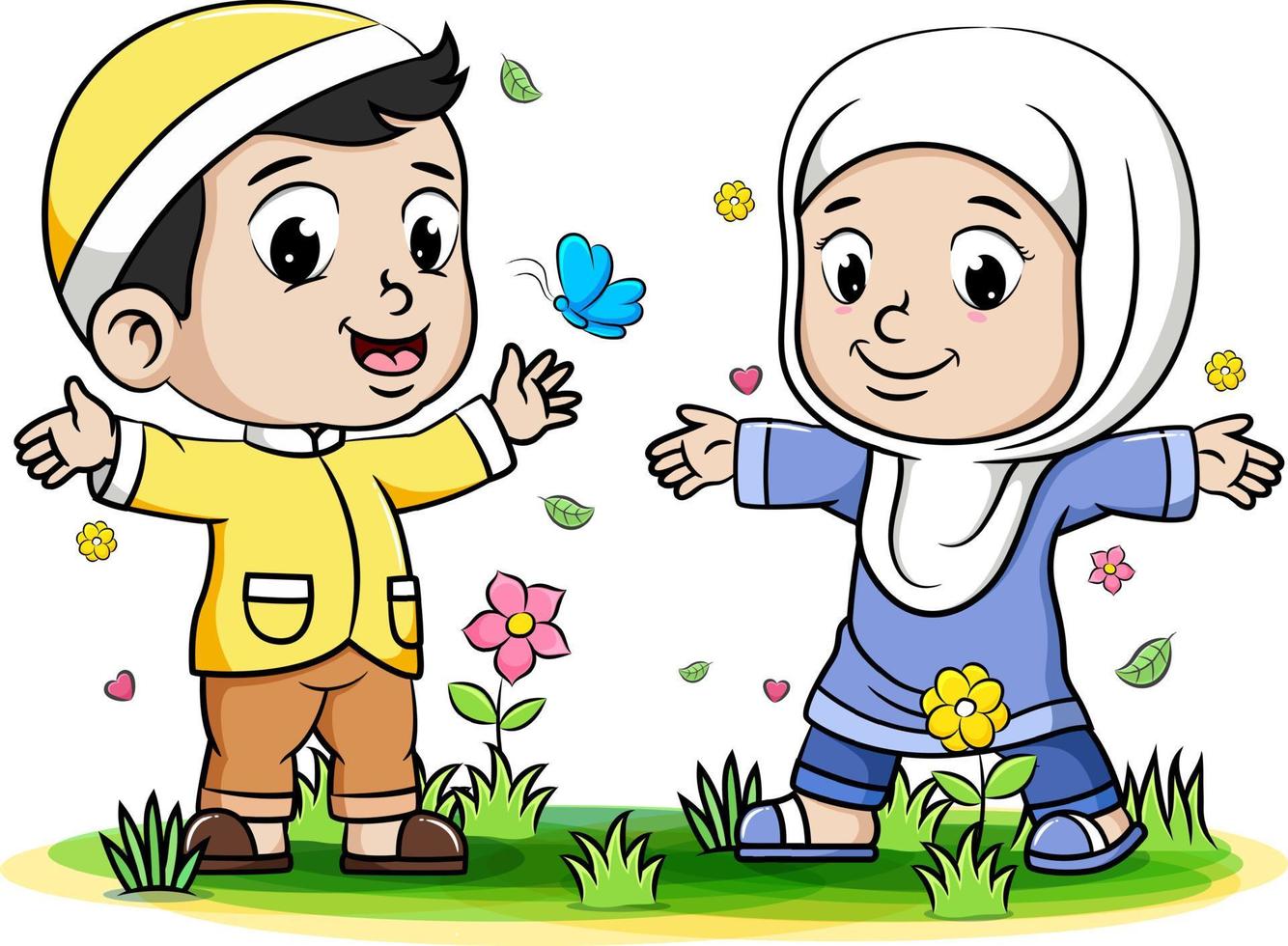 meninos e meninas muçulmanos brincando com uma borboleta no parque vetor